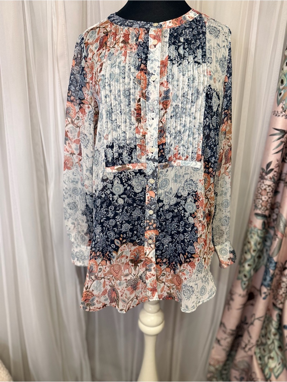 LOFT XS Sheer Floral Patchwork Boho Blouse Pintuck Button Front